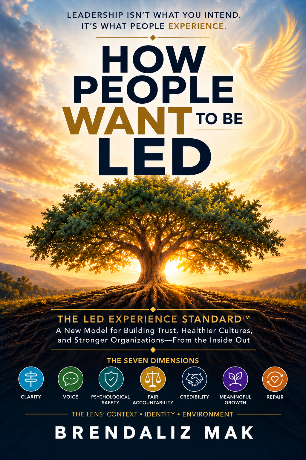 Book cover for How People Want to Be Led by Brendaliz Mak, featuring the Led Experience Standard™'s seven Dimensions and four Conditions.