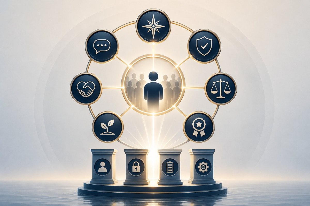 Illustration of the Led Experience Standard™: seven dimensions in a ring around the people a leader is responsible for, resting on four Conditions.